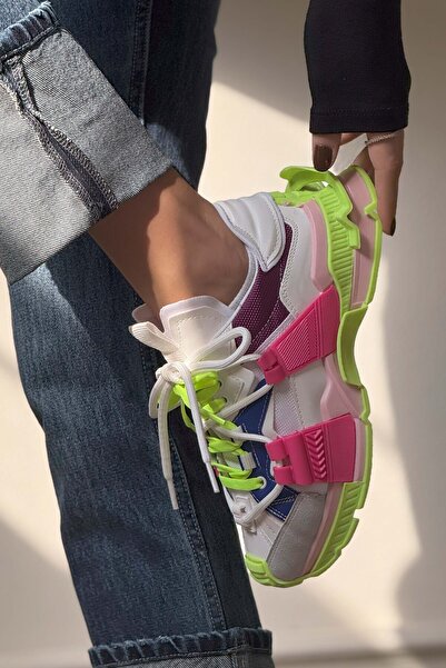 NİŞANTAŞI SHOES Oslo neonzöld fukszia matt csipke részletes, vastag talpú női sportcipő