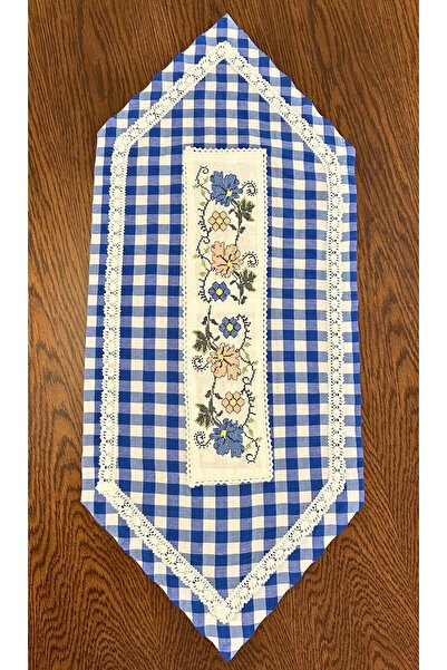 BERRİN KİBAR Gingham Blue Runner with Colorful Square Pattern and Lace Detail...