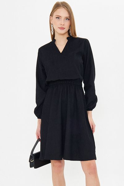 armonika Black Velvet V-Neck - Elastic Waist Slim Corduroy Dress Arm-25K 001049