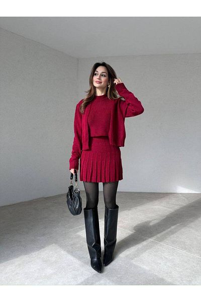 Lusin Claret Red Knitwear Cardigan, Blouse and Vest - 3-Piece Women's Set S/M