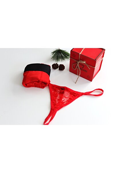 succy YILBAŞI KONSEPT MERRY CRİSTMAS Özel Kutusunda 2'li Set Noel Seti - Kırmızı Boxer Dantelli Tanga