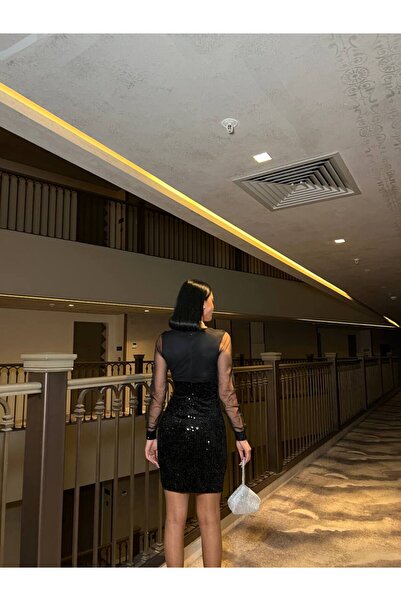 S&A Collectionn Kadın Kruvaze Yaka Eteği Pul Payetli Mini Tül Elbise