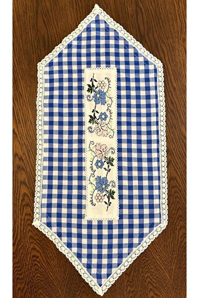 BERRİN KİBAR Gingham Runner with Blue Square Pattern and Lace Stripe - Decora...