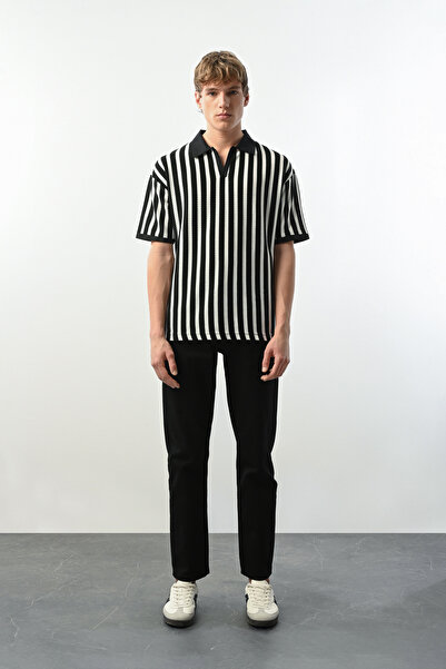 İLKCET MODA Ανδρικό μπλουζάκι Oversize με ριγέ V λαιμόκοψη