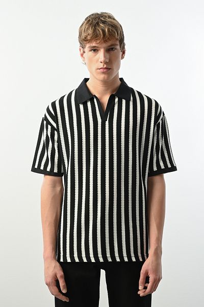 İLKCET MODA Ανδρικό μπλουζάκι Oversize με ριγέ V λαιμόκοψη