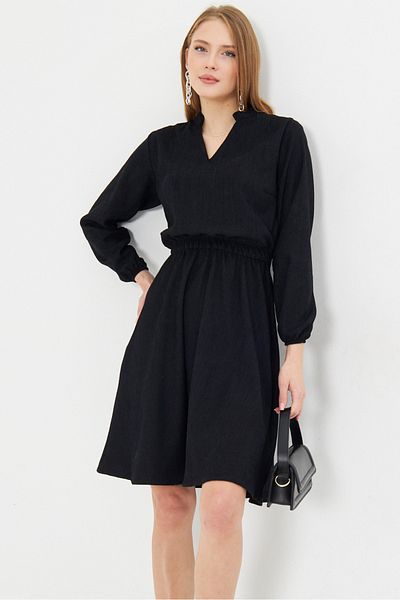 armonika Black Velvet V-Neck - Elastic Waist Slim Corduroy Dress Arm-25K 001049