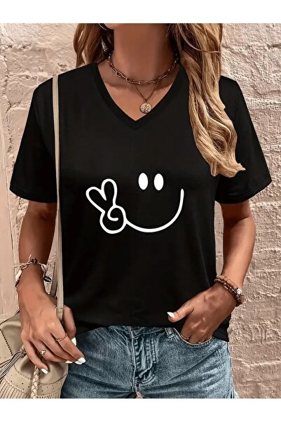 WOODROFFE Tricou negru oversize casual pentru damă, cu decolteu în V