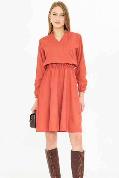 armonika Salmon Velvet V-λαιμόκοψη - Ελαστική μέση λεπτή φόρεμα ARM-25K 001049