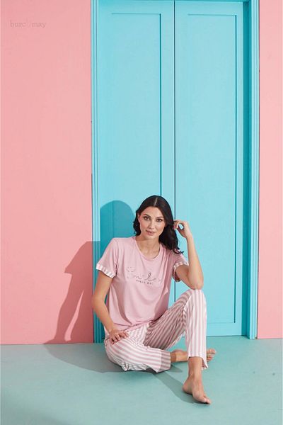 Burcumay Women's Soft Textured Milan Fabric Pink Striped Short Sleeve Summer Comfortable Pajamas Set