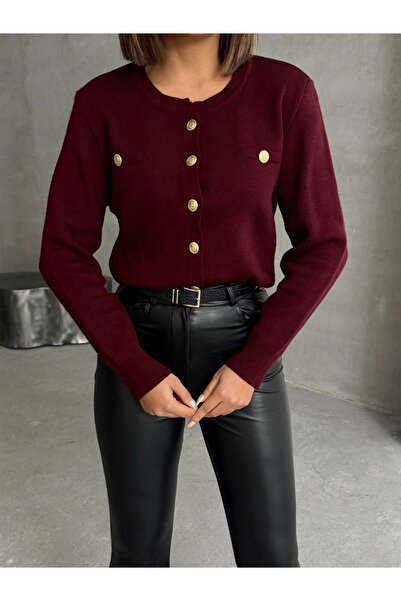 Lusin Γυναικεία ζακέτα μπορντό - Κομψή λεπτομέρεια και κουμπιά