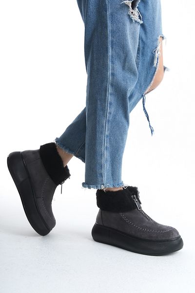 Moda Değirmeni Γκρι σουέτ γούνινη επένδυση Μπροστινό φερμουάρ Εσωτερική γούνα Χοντρή σόλα Άνετα γυναικείες μπότες BG1165-116-0004
