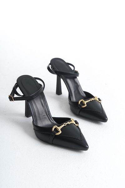 SEEM & BE Pantofi cu toc pentru femei, negri mat, cu curea detaliată, cu cataramă Rosie -10 cm
