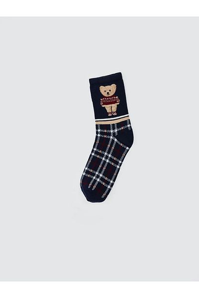 LC Waikiki Lcw Dream Navy Blue Bear Teddy Printed Women's Socks