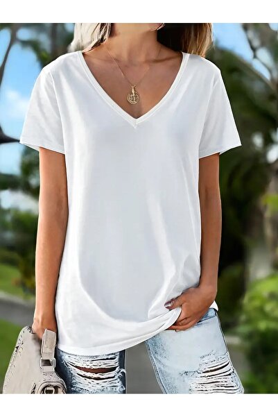 WOODROFFE Kadın V yaka Beyaz Tişört Baskılı Oversize Salaş
