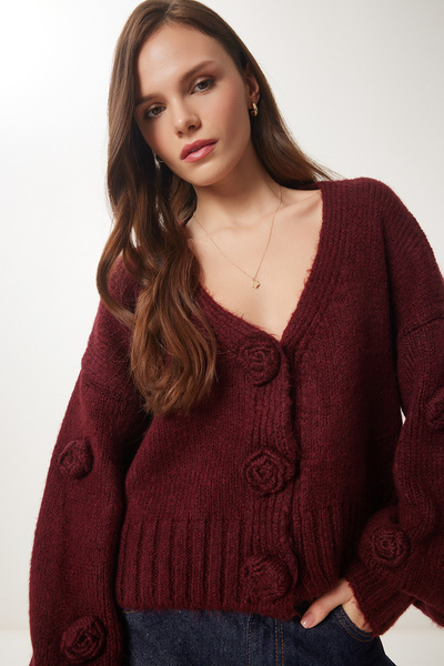 Lovelyİstanbul Pompom Floral Detailed Knitwear Cardigan Bordo Lpf0045