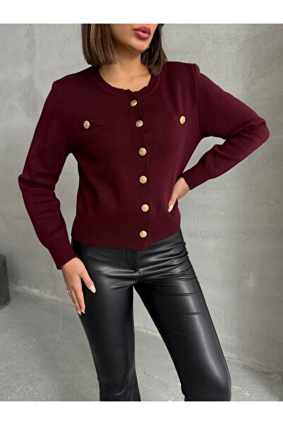 Lusin Γυναικεία ζακέτα μπορντό - Κομψή λεπτομέρεια και κουμπιά