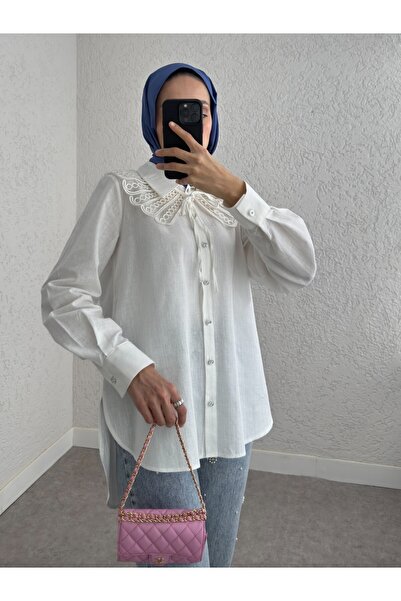 Modamorfo Біла довга сорочка - комір з деталями та ґудзиками