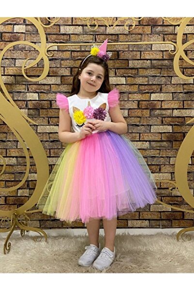 TİNY GOLDEN Kız Çocuk Renkli Doğum Günü Taçlı Rengarenk Unicorn Kurdeleli Fermuarlı Parti Elbisesi