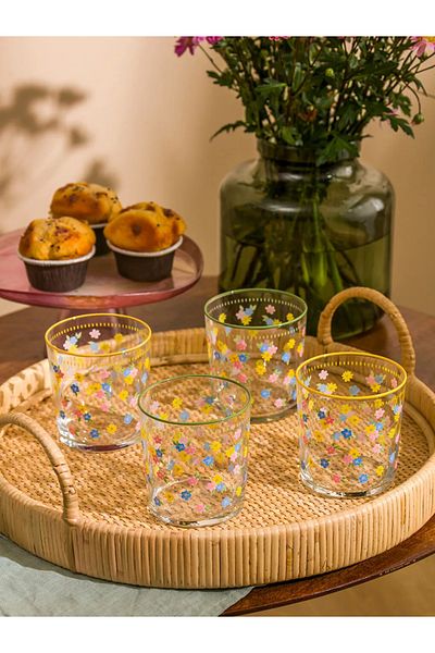 LC Waikiki Lcw Home 4-Piece 380 ml Glass Water Cup - Mixed Flower Printed t t