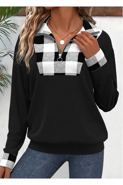 REKA MODA    Women's Long Sleeve Collared Front Zipper Plaid Detailed Viscose Two Thread Blouse