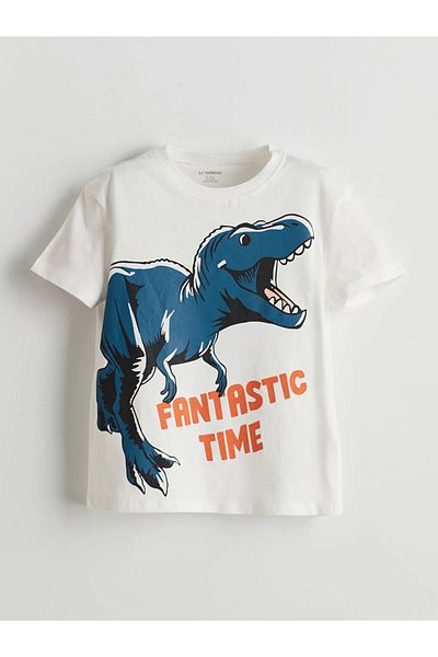LC Waikiki Lcw Kids Ecru Crew Neck Dinosaur Printed Boys T-Shirt 3Pcs