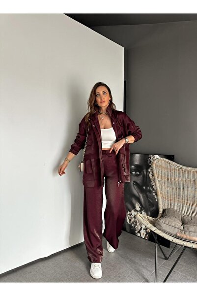 Zerrincan Giyim Bordo Safari Ceketli Parlak Takım