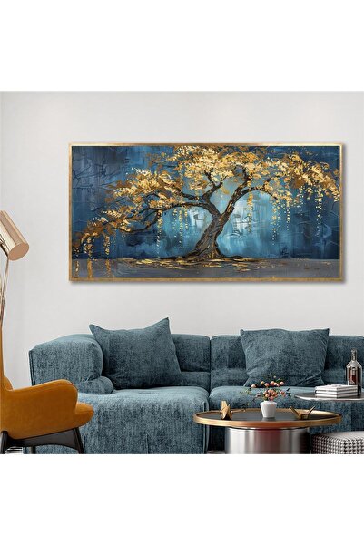 Tablosan Yağlı Boya Dokulu Tablo Mavi Fonda Tek Sarı Ağaç Altın Çerçeveli U01008