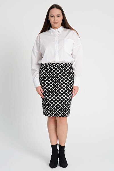 Mooi XXL Women's Black and White Diamond Pattern Stretchy Suede Pencil Skirt