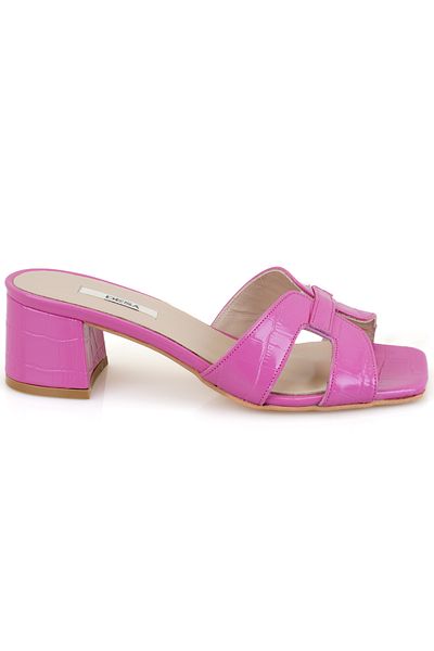 Desa Women's Pink Crocodile Printed Heeled Leather Slippers