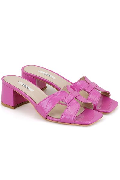 Desa Women's Pink Crocodile Printed Heeled Leather Slippers