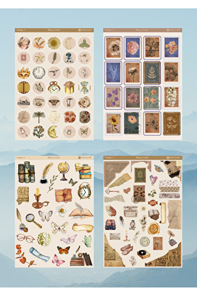 MirayDesign 12'Lİ VİNTAGE TEMALI 12*17 CM STİCKER SETİ/SCRAPBOOK BULLET JOURNAL AJANDA PLANLAYICI İÇİN