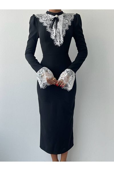 Julidress Úzký střih s krajkovým límcem se stuhou, dlouhý rukáv, midi délka, prémiové šaty
