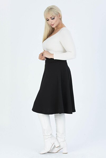 Mooi XXL Women's Black High Waist Stretchy Crepe Flared Skirt