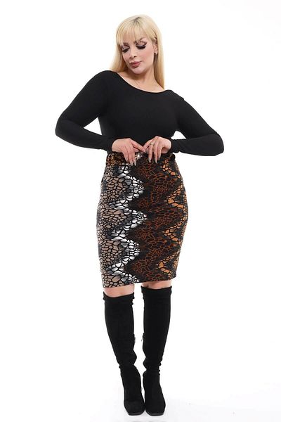Mooi XXL Women's Brown Tone Stone Pattern Flexible Suede Pencil Skirt