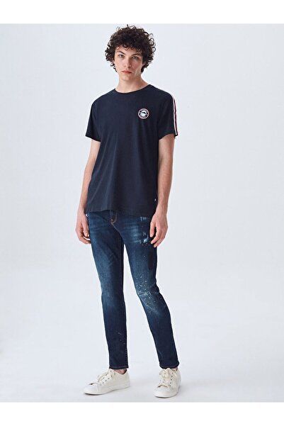 Ltb Navy Blue T-Shirt with Contrast Ribbed Sleeves