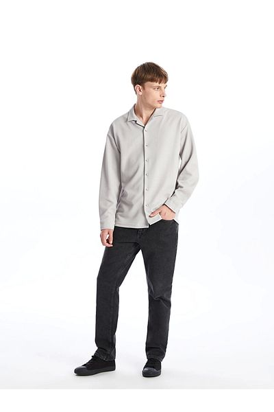 LC Waikiki Ανδρικό πουκάμισο με υφή LCW Casual Grey Regular Fit με μακρύ μανίκι