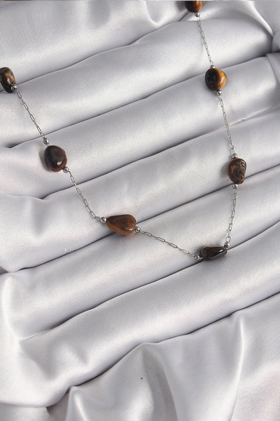 Skygo 316L Steel Silver Color Chain Brown Natural Stone Model Women's Necklac...