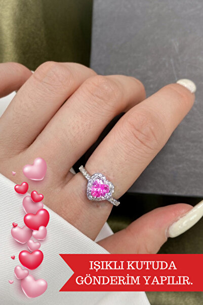 Crystal Diamond Zirconia Işıklı kutuda 1 karat pembe kalp tektaş yüzük