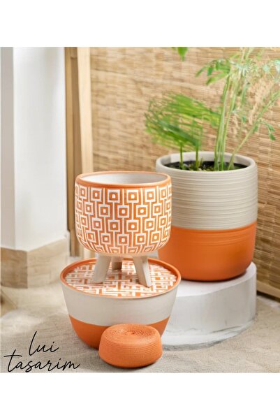 Lui Tasarım Saksı Bohem Tarz Turuncu Ahşap Ayaklı Beton Saksı 14*16 cm