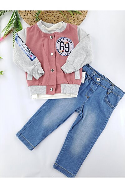 Butik Kız Çocuk Kot Pantolonlu Yelek Tişort Üçlü Takım Likralı Kot 2 İplik Şardonsuz Mevsimlik Kolej Ceket