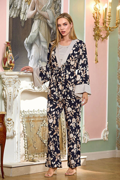 Aqua 25197 Satin Patterned 3-Piece Pajamas Set with Dressing Gowns
