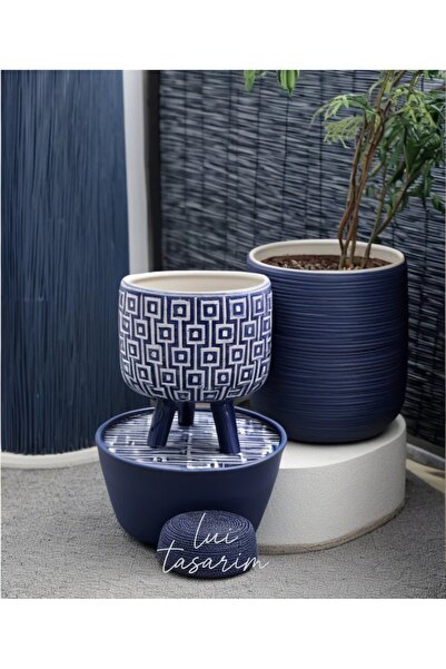 Lui Tasarım Saksı Bohem Tarz Mavi Ahşap Ayaklı Beton Saksı 14*16 cm
