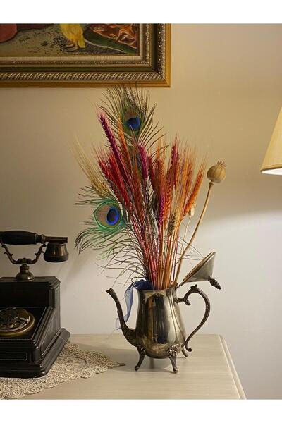 Puledro Renkli Doğal Kuru Çiçek Demeti Başak, Haşhaş Ve Tavuskuşu Tüyü Dekorasyonu