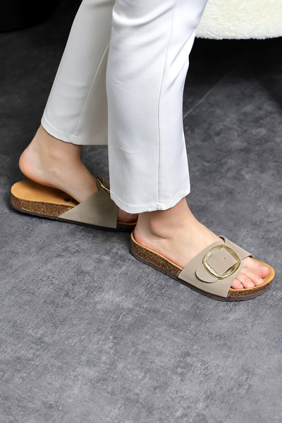 Land of Cork Μεγάλη αγκράφα - Ανατομικές δερμάτινες παντόφλες από σουέτ με φυσική σόλα από φελλό