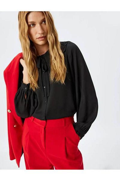 Koton Long Sleeve Ruffled Wide Doll Collar Chiffon Shirt