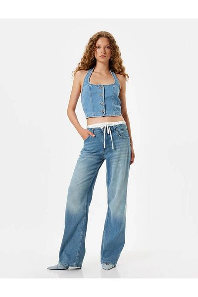 Koton Cotton Straight Fit Jeans - Wide Leg, Double Waist Detailed Jeans