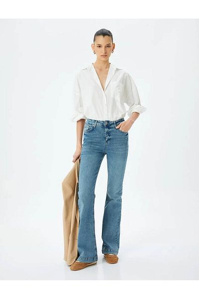 Koton High Waist Flared Leg Buttoned Open Indigo Women's Jeans Pants 5Sal40060Md
