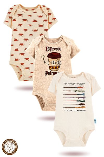 MAHFEL 100% Premium Cotton 3-Piece Organic Printed Snap Fastener Baby Bodysuit