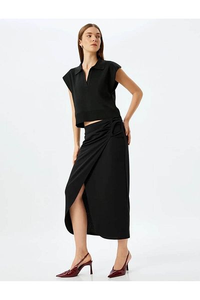 Koton Slim Fit Drapeli Lungime Midi Asimetrică Dublu Bretele Fusta Neagră pentru Femei 5sak10037ek