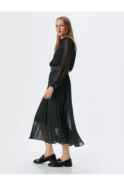 Koton Lined Shirt Neck Buttoned Midi Length Polka Dot Pleated Dress